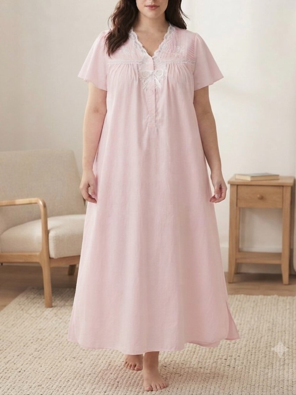 Heather Lane Pink Long Lace Embroidered Nightgown Sz 1X 100% Cotton Cottagecore